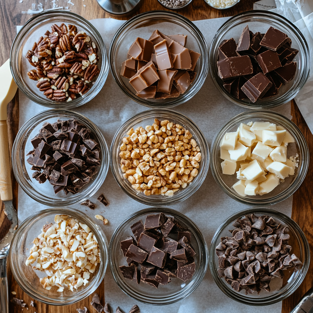 Flat-lay photo of candy bar preparation with ingredients like chocolate chunks, caramel, roasted nuts, and nougat on a kitchen table, showing tools like spatula and parchment paper.