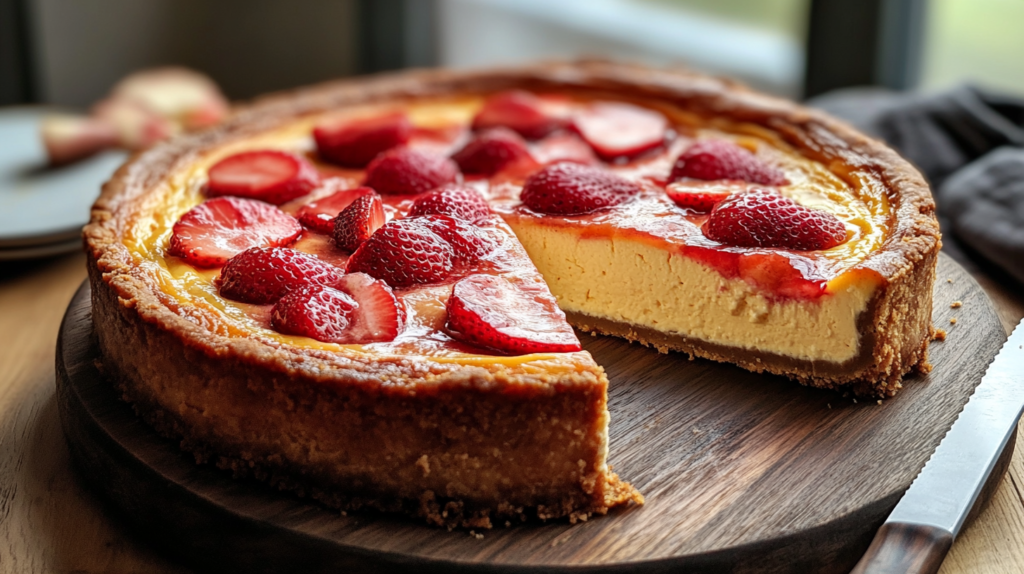 Homemade New York-style cheesecake made with Philadelphia cream cheese, topped with fresh strawberries and served on a wooden table – a perfect example of Philadelphia cream cheese recipes for desserts.