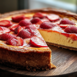 Homemade New York-style cheesecake made with Philadelphia cream cheese, topped with fresh strawberries and served on a wooden table – a perfect example of Philadelphia cream cheese recipes for desserts.