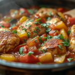 Hearty chicken goulash crock pot dish with tender chicken thighs, bell peppers, and paprika, garnished with parsley in a cozy kitchen setting.