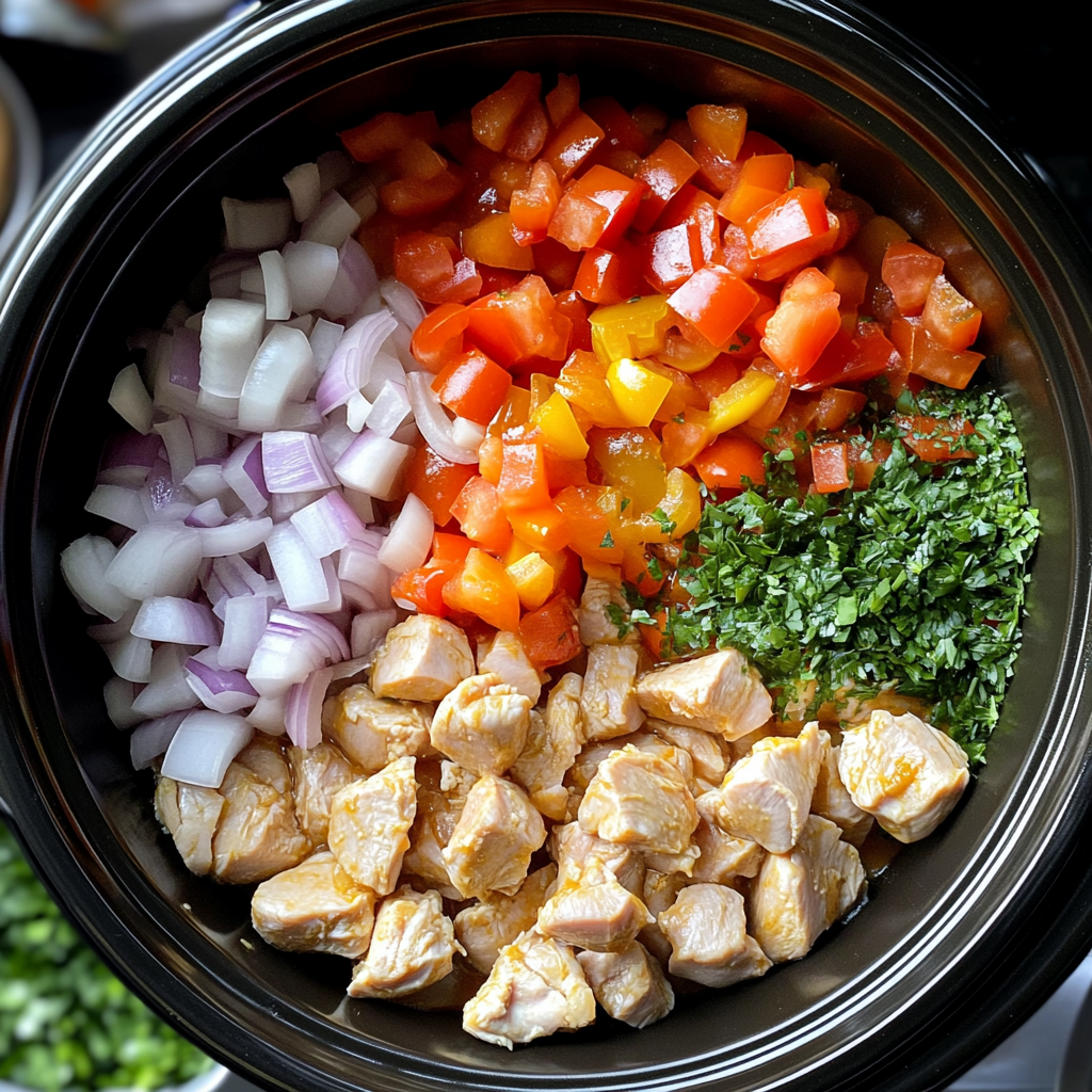 Layering ingredients for chicken goulash crock pot, including chicken thighs, onions, garlic, and bell peppers, prepared in a crock pot.