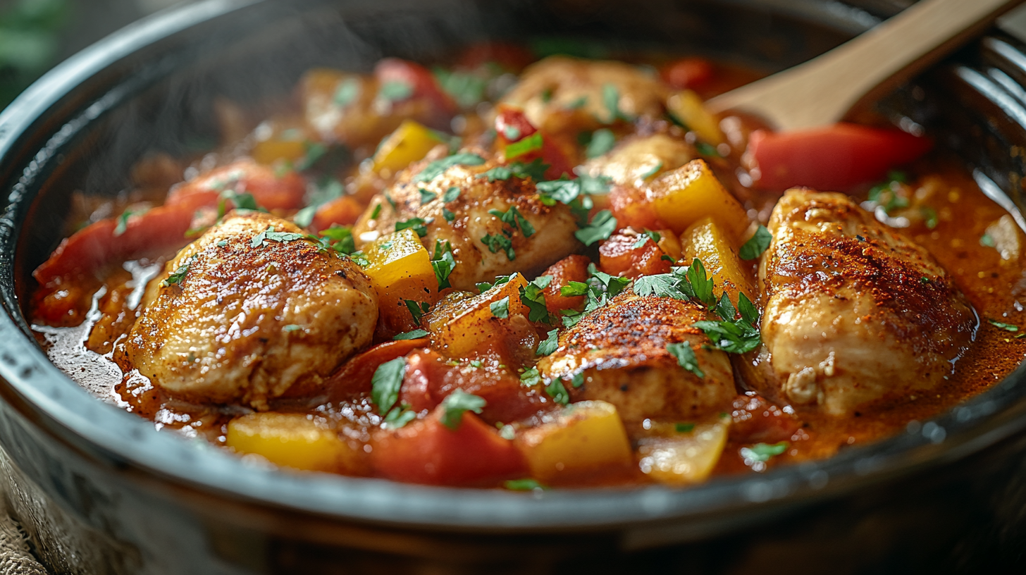 Hearty chicken goulash crock pot dish with tender chicken thighs, bell peppers, and paprika, garnished with parsley in a cozy kitchen setting.