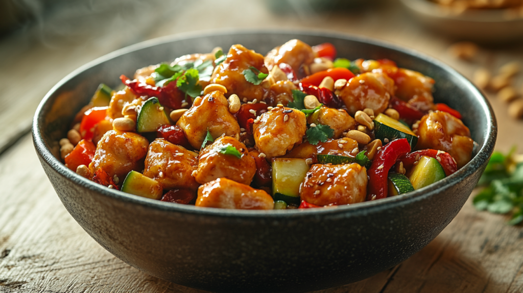 Freshly cooked Panda Express Kung Pao Chicken with chicken, bell peppers, zucchini, peanuts, and chilies, highlighting the nutrition profile.