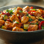 Freshly cooked Panda Express Kung Pao Chicken with chicken, bell peppers, zucchini, peanuts, and chilies, highlighting the nutrition profile.