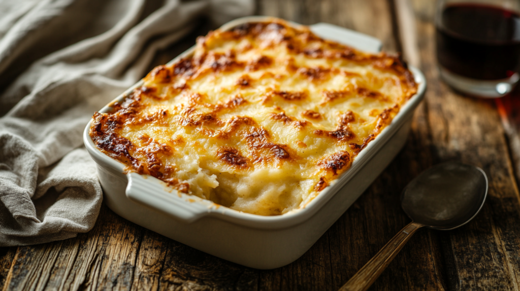 Freshly baked cottage pie with a golden mashed potato topping in a white casserole dish, served on a rustic wooden table.