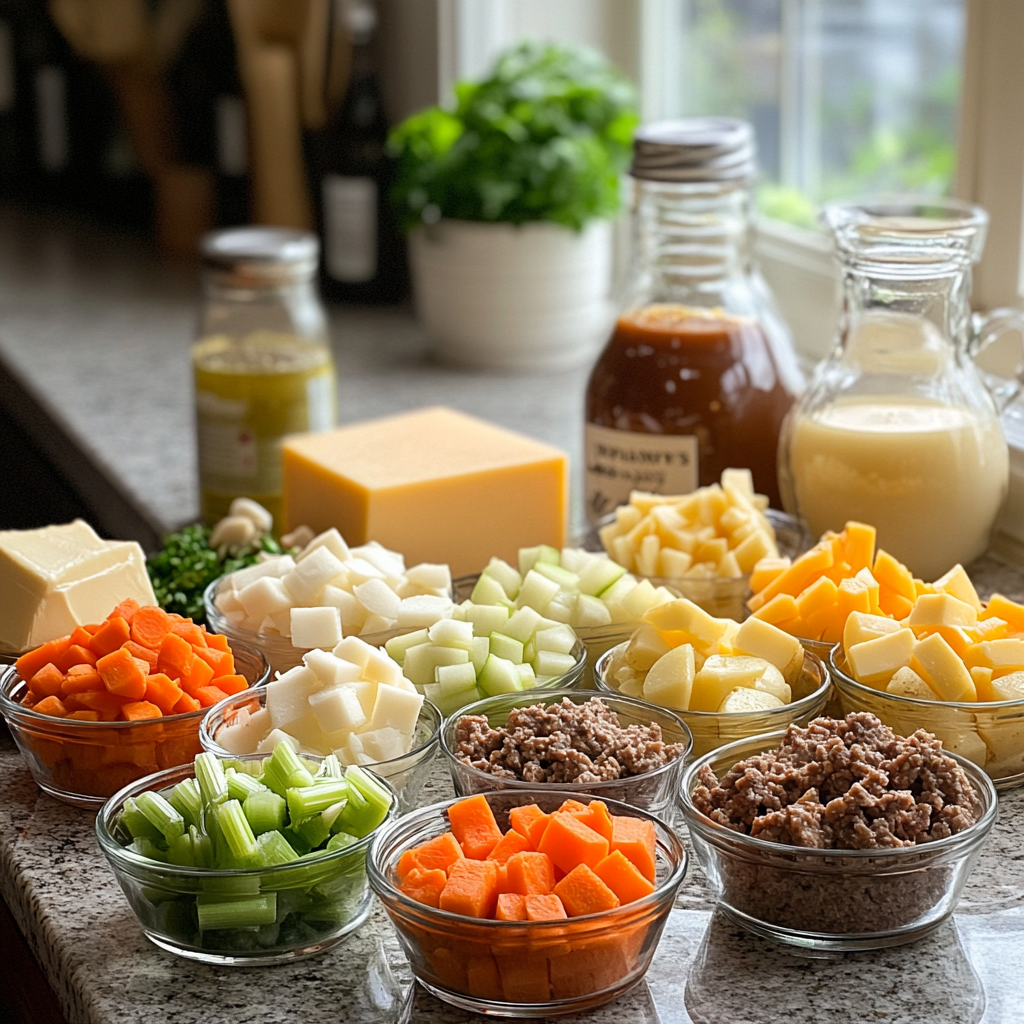 Raw ingredients for cottage pie neatly arranged, including minced beef, diced vegetables, potatoes, and seasonings on a kitchen counter.