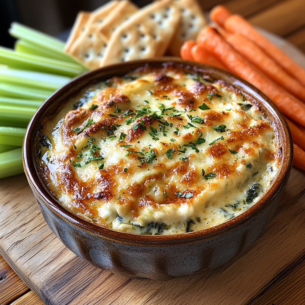 Warm spinach and artichoke dip crafted with Philadelphia cream cheese, topped with melted cheese, and served with fresh vegetables and crackers – a savory highlight from Philadelphia cream cheese recipes.