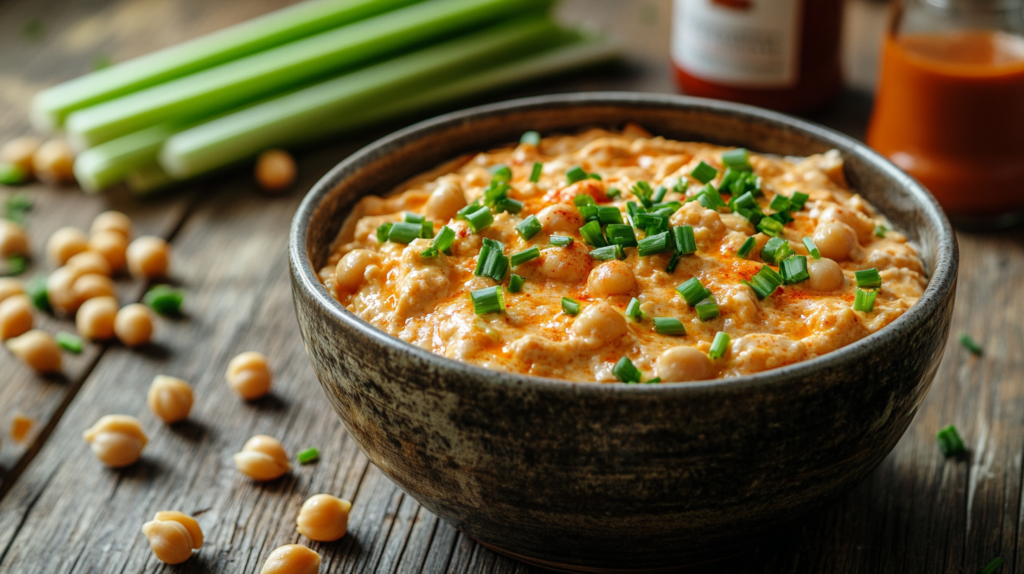 Creamy vegan buffalo chicken dip in a rustic bowl garnished with chives and celery, showcasing the final plant-based dish.