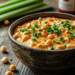 Creamy vegan buffalo chicken dip in a rustic bowl garnished with chives and celery, showcasing the final plant-based dish.