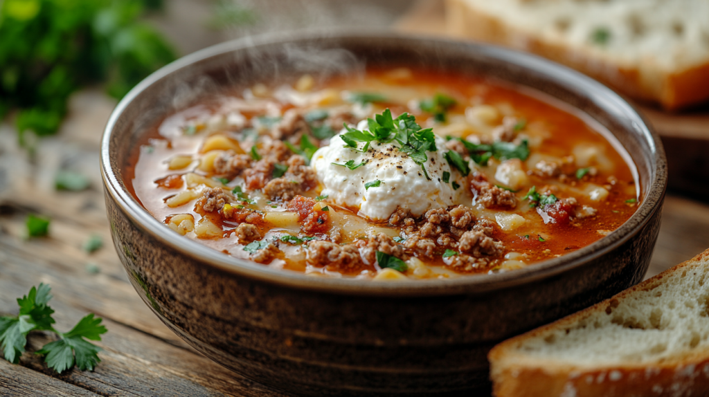 A steaming bowl of easy crockpot lasagna soup topped with melted cheese, ricotta, and fresh parsley served with garlic bread.