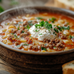 A steaming bowl of easy crockpot lasagna soup topped with melted cheese, ricotta, and fresh parsley served with garlic bread.