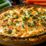 Freshly baked healthy buffalo chicken dip in a glass dish, topped with melted low-fat cheese and parsley, served with fresh vegetable sticks.