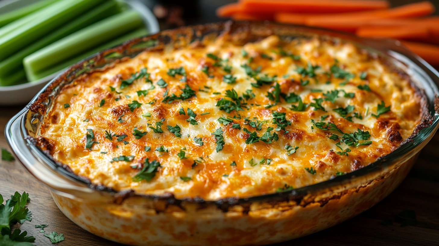 Freshly baked healthy buffalo chicken dip in a glass dish, topped with melted low-fat cheese and parsley, served with fresh vegetable sticks.