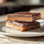 Close-up of a homemade Milky Way candy bar showing milk chocolate coating, gooey caramel, and fluffy nougat layers.