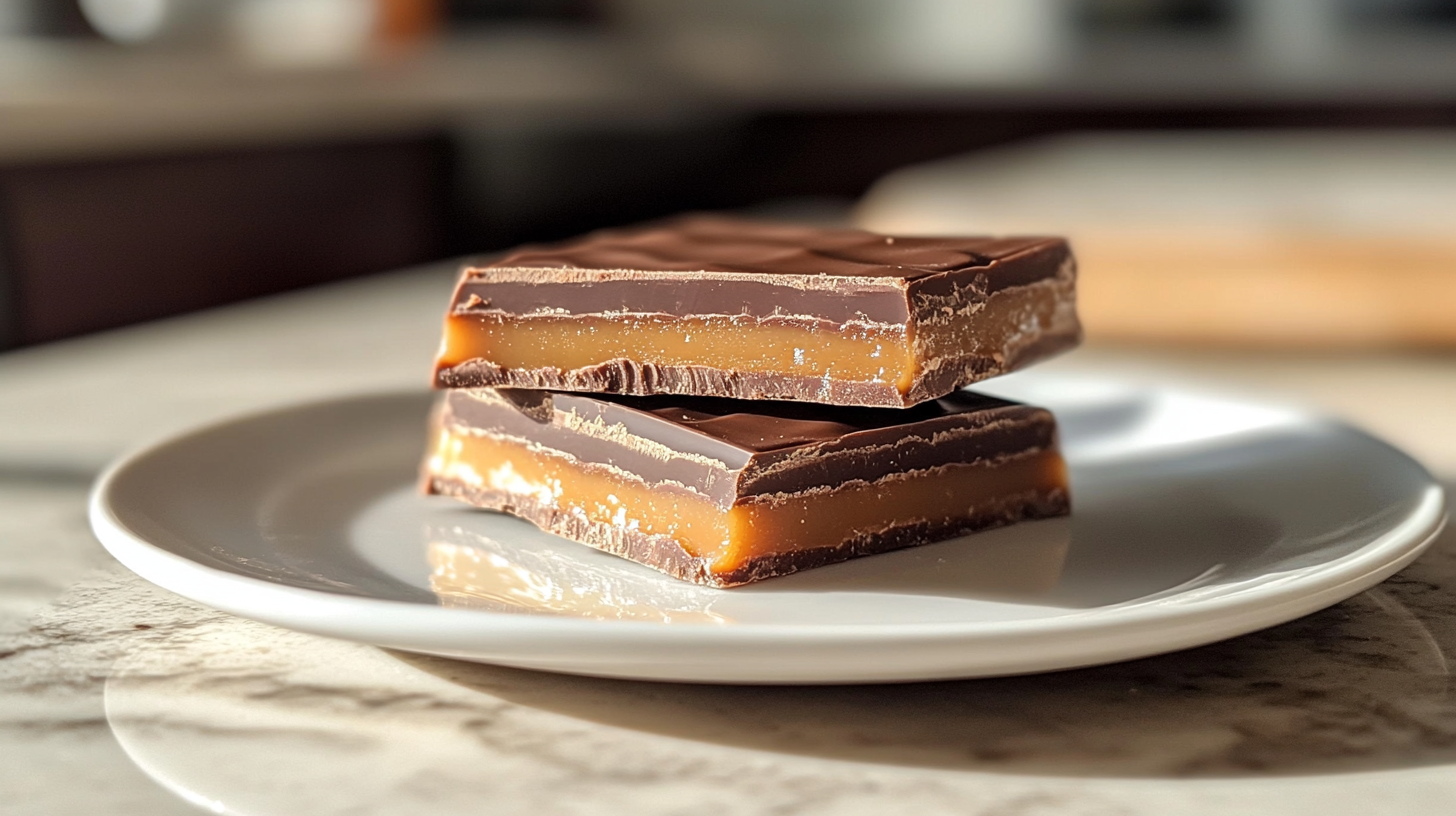 Close-up of a homemade Milky Way candy bar showing milk chocolate coating, gooey caramel, and fluffy nougat layers.