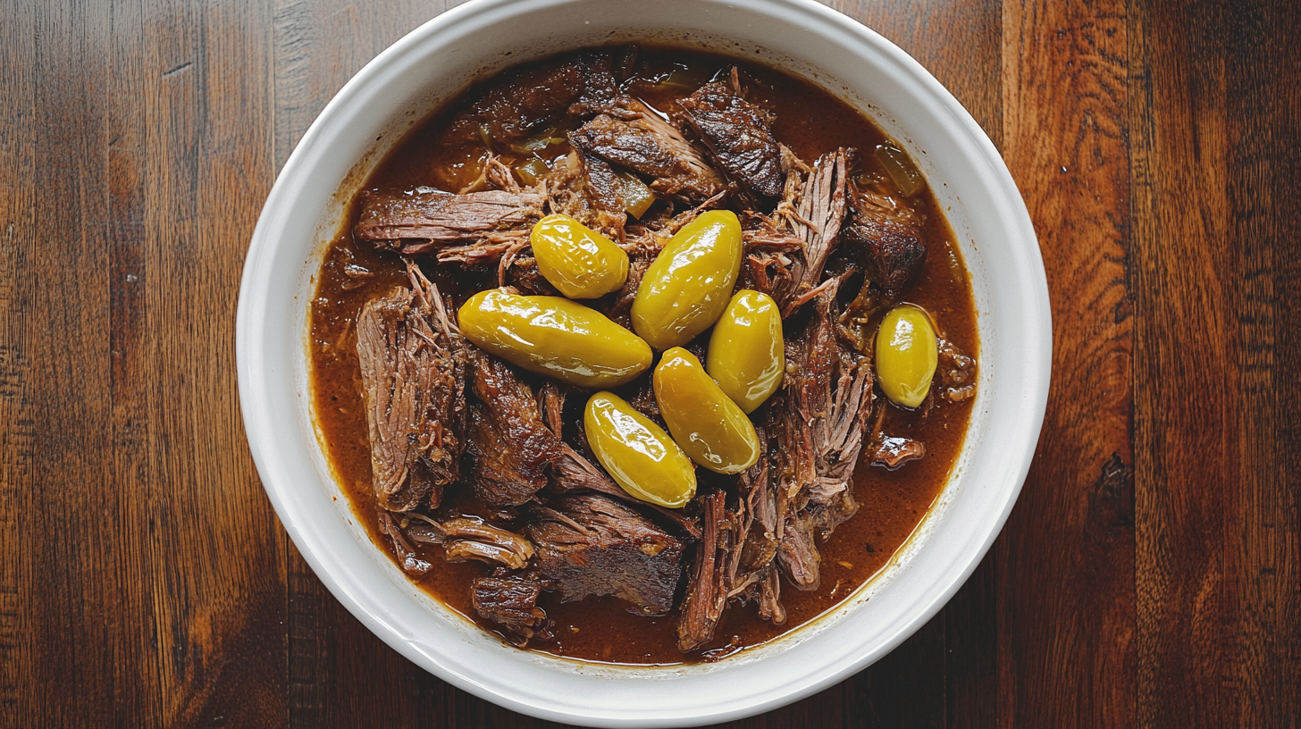 Mississippi pot roast freshly cooked and served in a white ceramic dish, featuring tender shredded beef in rich gravy with pepperoncini peppers and butter, placed on a rustic wooden table.