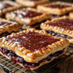 Finished homemade blueberry pop tarts with a golden crust, glossy glaze, and blueberry filling slightly oozing, placed on a cooling rack.