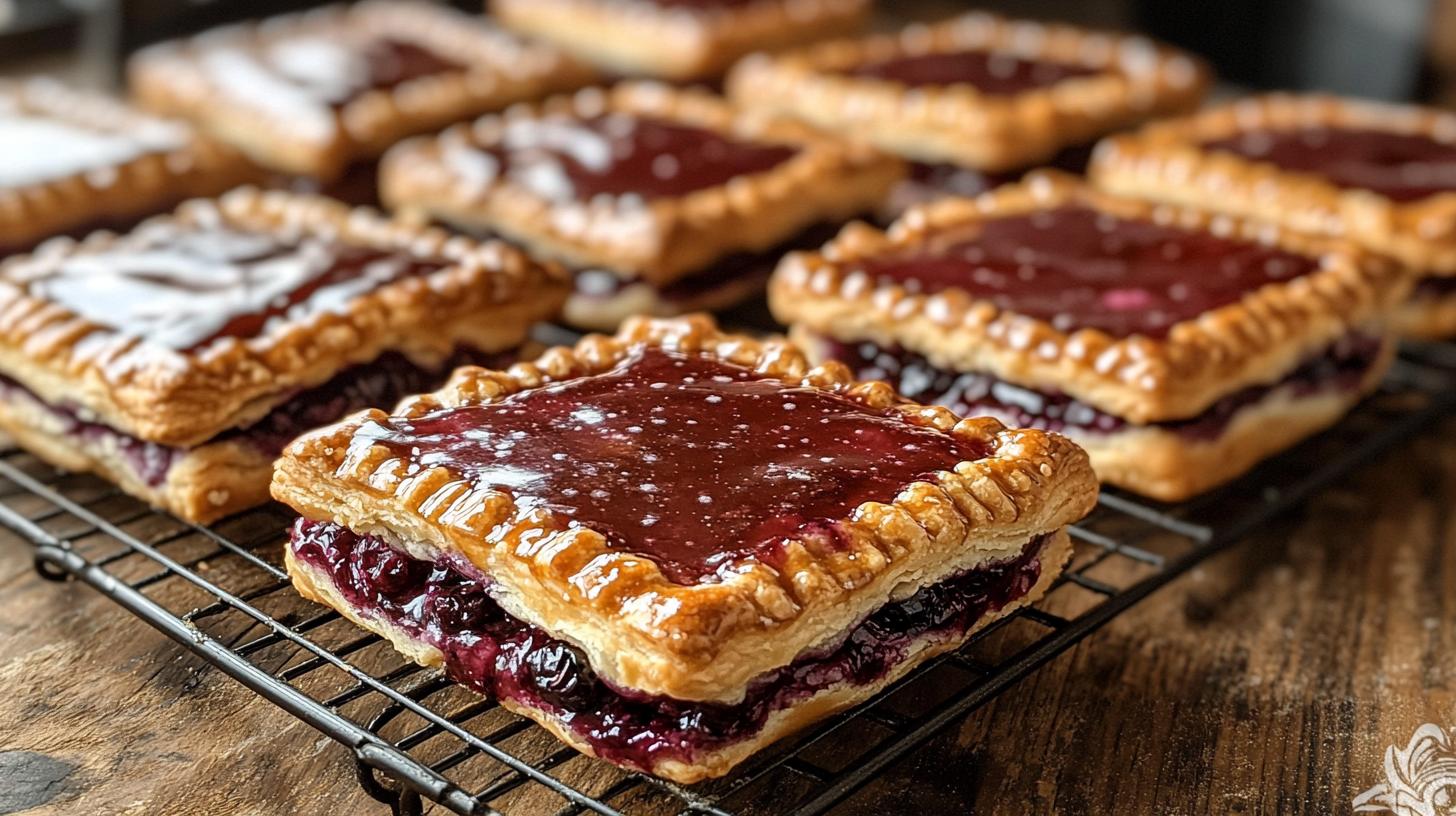 Finished homemade blueberry pop tarts with a golden crust, glossy glaze, and blueberry filling slightly oozing, placed on a cooling rack.