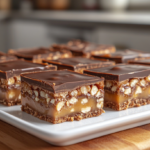 Homemade candy bars sliced to reveal layers of chocolate, caramel, nougat, and nuts, arranged on a white plate in a cozy kitchen setting.