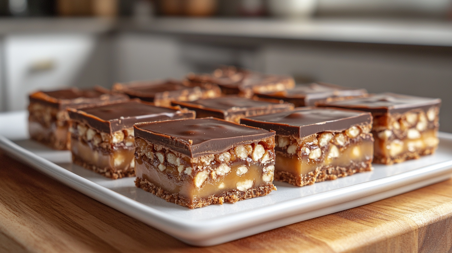 Homemade candy bars sliced to reveal layers of chocolate, caramel, nougat, and nuts, arranged on a white plate in a cozy kitchen setting.