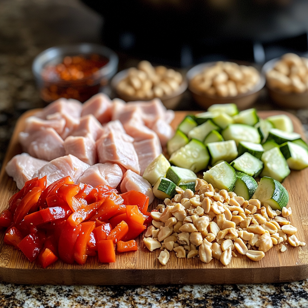 Ingredients for Panda Express Kung Pao Chicken featuring raw chicken, bell peppers, zucchini, peanuts, and dried chilies, emphasizing nutrition preparation.