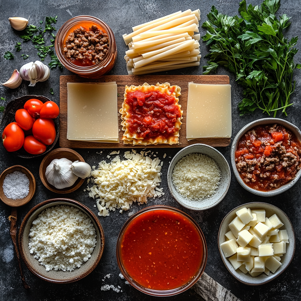 Flat lay of ingredients for easy crockpot lasagna soup, including ground beef, marinara sauce, noodles, cheese, and diced tomatoes on a kitchen counter.