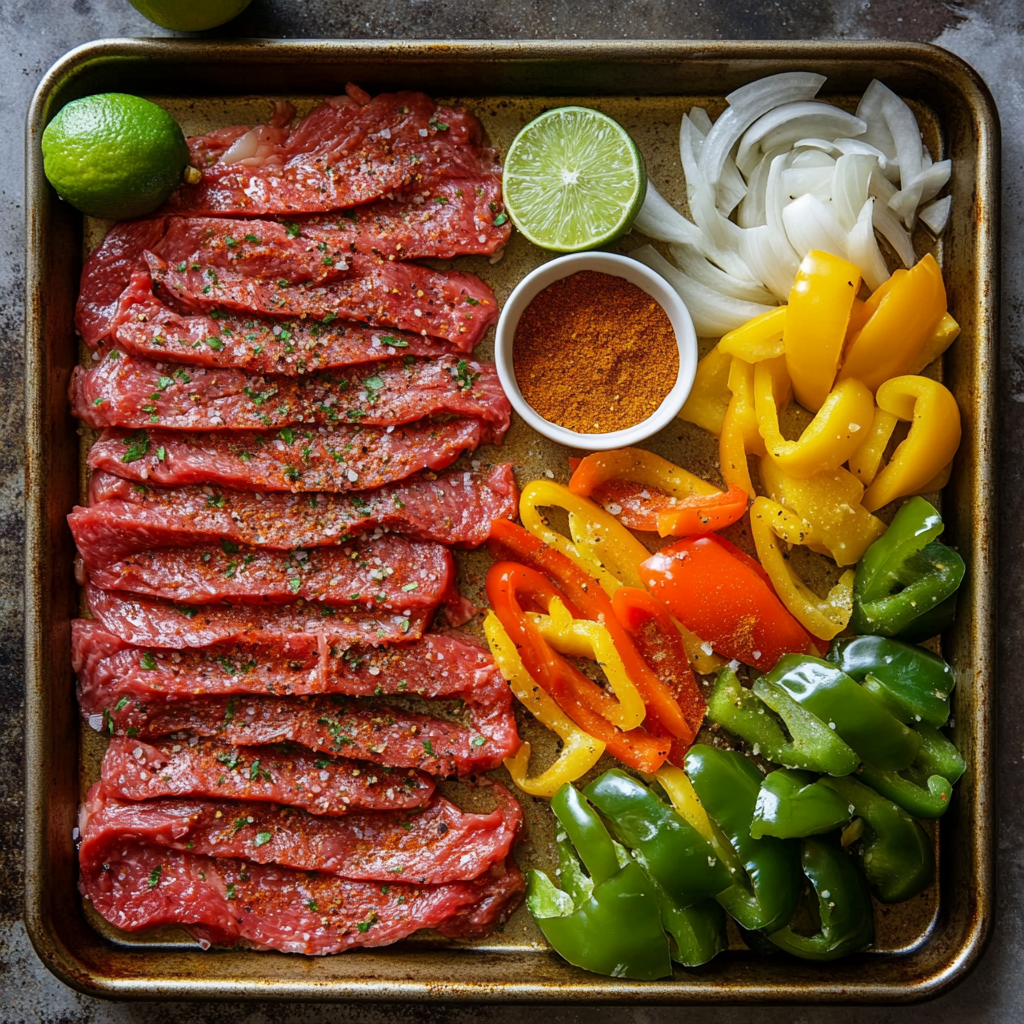 Preparation of sheet pan steak fajitas with marinated steak, colorful sliced bell peppers, and onions on a baking sheet.