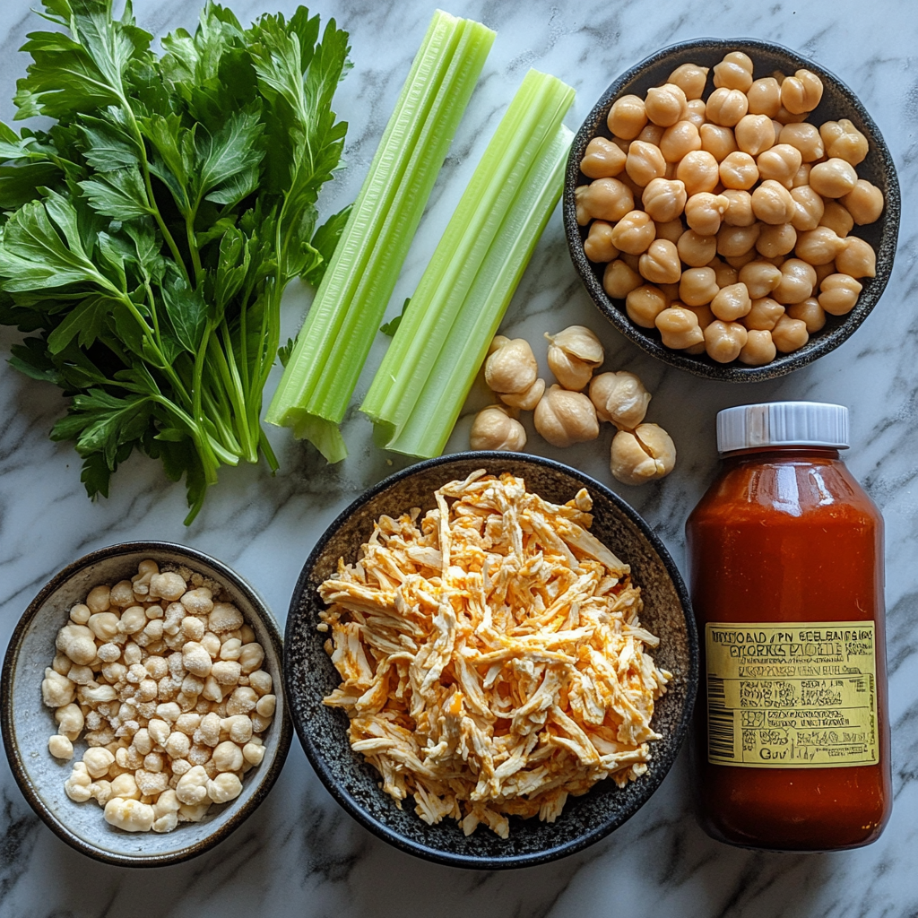 Raw ingredients for vegan buffalo chicken dip on a countertop, including jackfruit, chickpeas, and vegan cream cheese, prepared for a plant-based recipe.