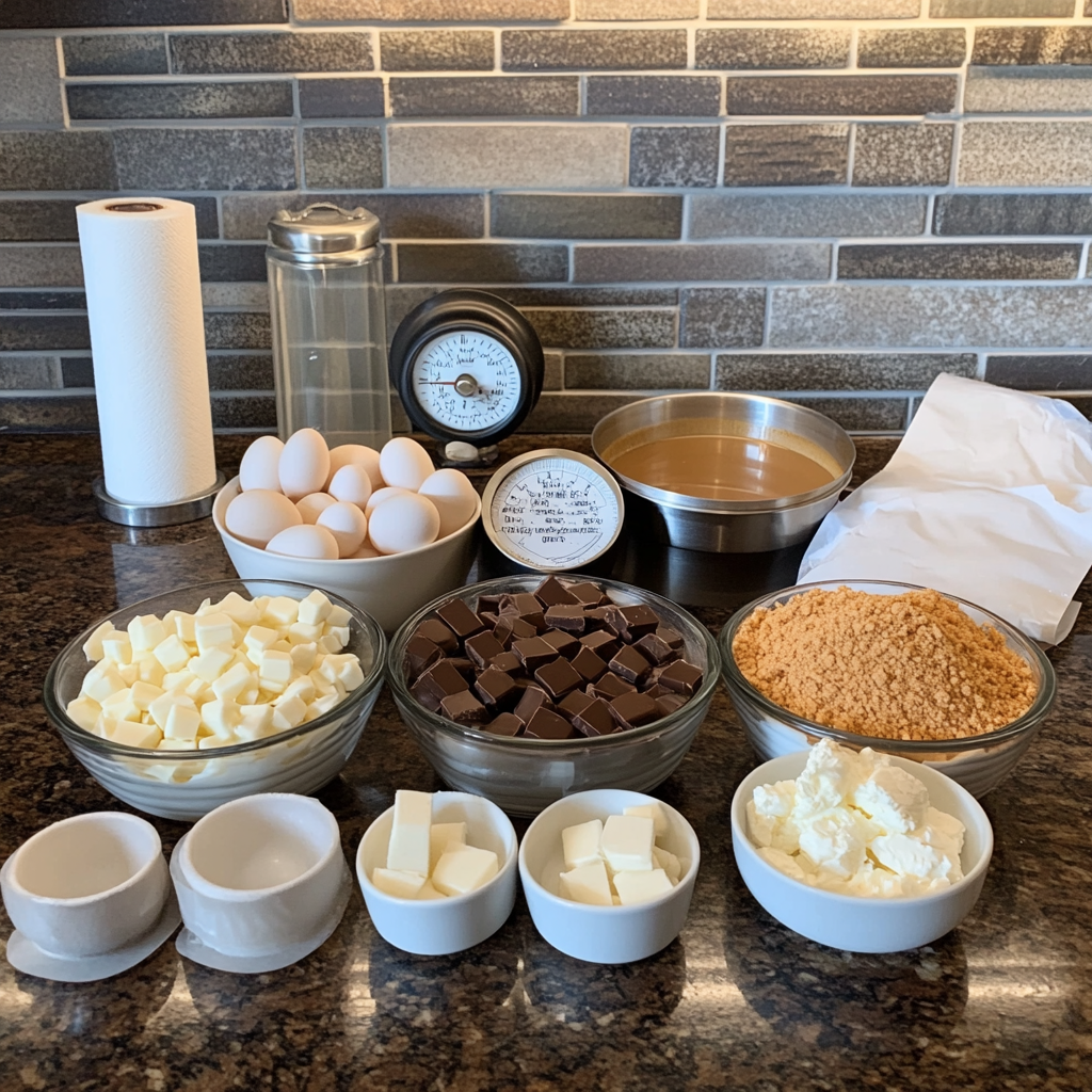 Ingredients for making a homemade Milky Way candy bar, including chocolate chips, sugar, corn syrup, heavy cream, butter, and a candy thermometer.