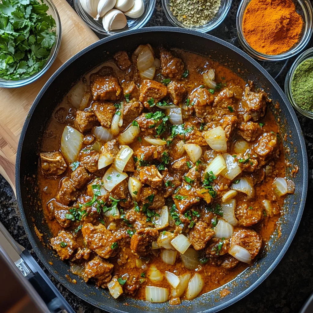 Preparation of lamb tikka masala showing sautéed onions, garlic, and spices in a skillet alongside turmeric, cumin, paprika, and chopped cilantro on a cutting board.