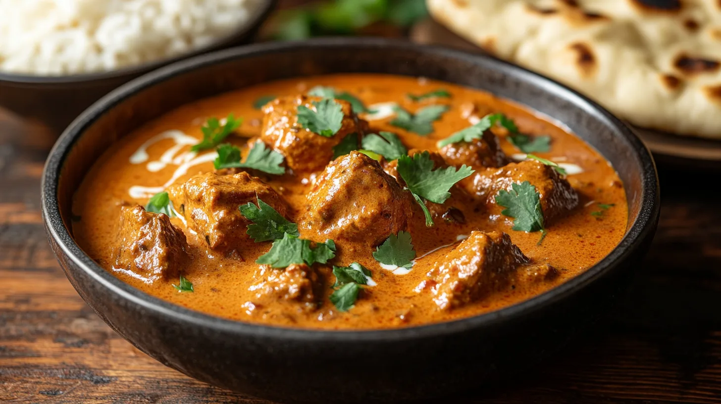 A freshly served bowl of lamb tikka masala with tender lamb pieces in a creamy orange tomato-based sauce, garnished with cilantro and served with basmati rice and naan.