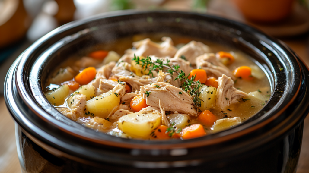 Slow cooker filled with leftover rotisserie chicken, carrots, onions, and potatoes, showcasing a delicious homemade dish - perfect for slow cooker recipes.