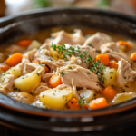 Slow cooker filled with leftover rotisserie chicken, carrots, onions, and potatoes, showcasing a delicious homemade dish - perfect for slow cooker recipes.