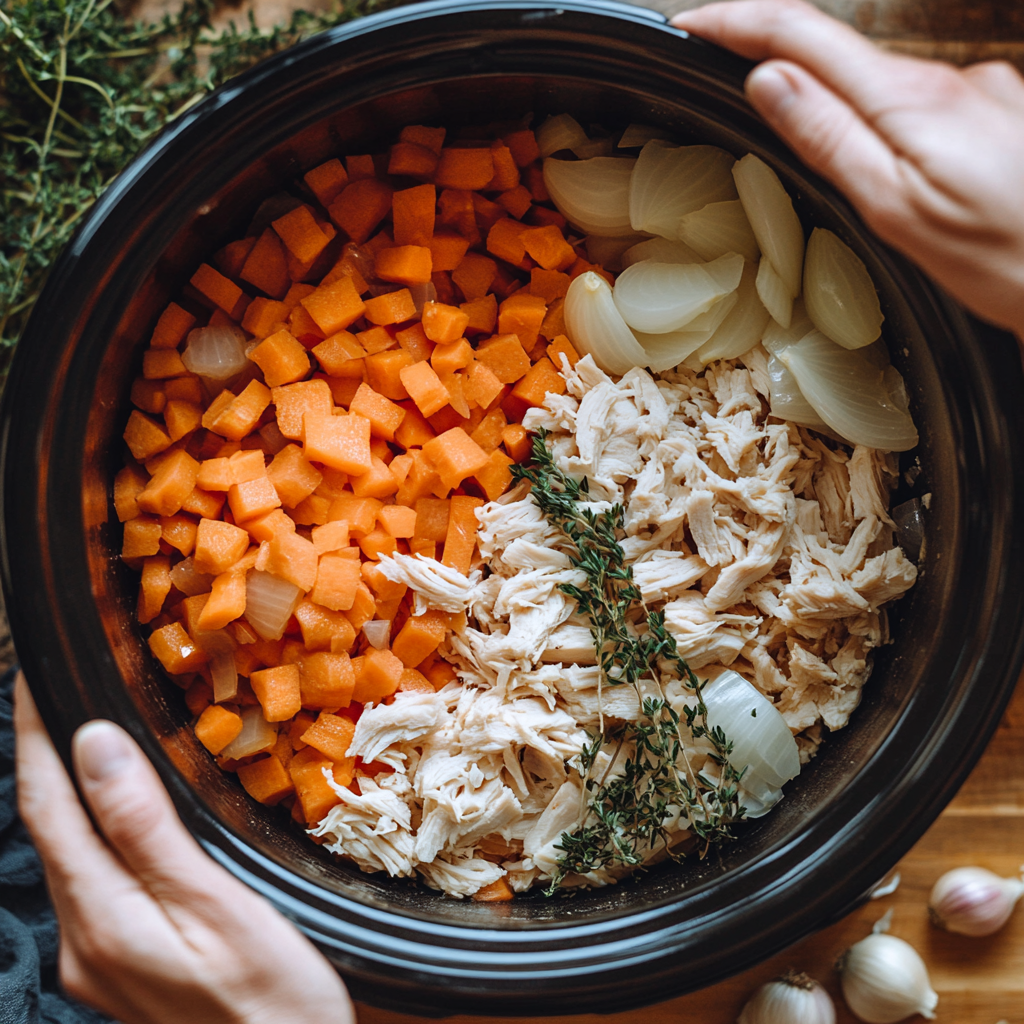 Step-by-step layering of rotisserie chicken and vegetables in a slow cooker, illustrating how to prepare an easy and flavorful slow cooker meal.