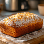 A finished loaf of paleo bread on a wooden cutting board with almond flour and a whisk in the background – paleo bread recipe.