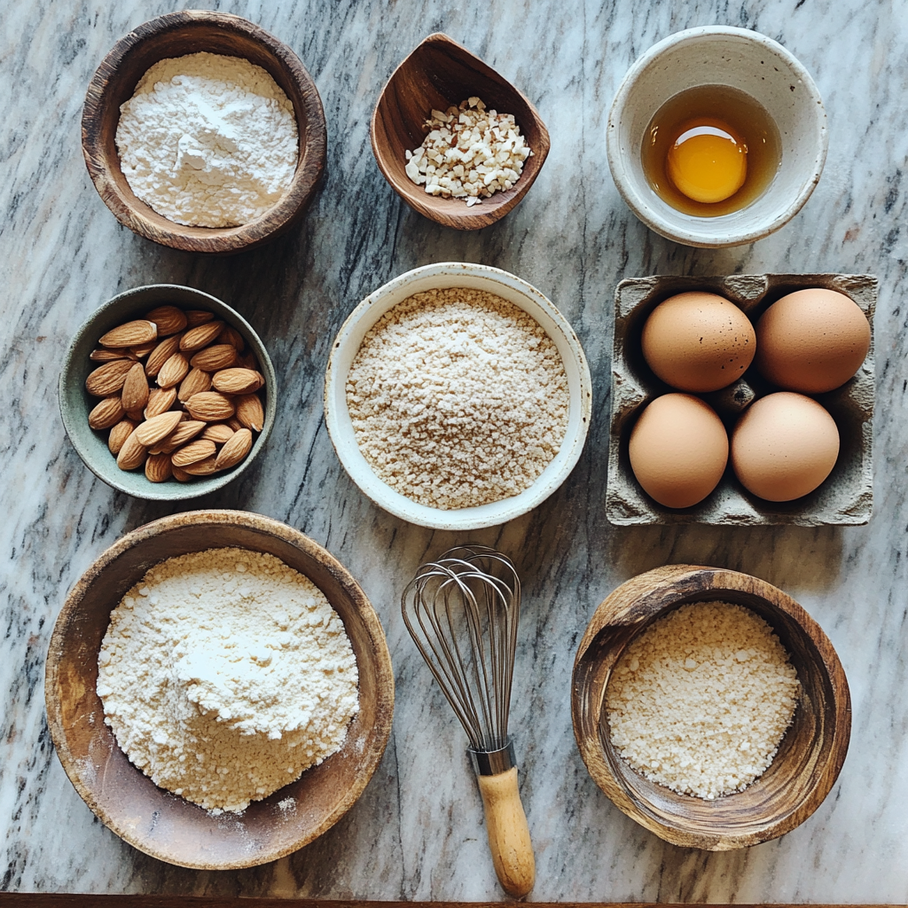 Flat-lay of paleo bread ingredients, including almond flour, coconut flour, eggs, and apple cider vinegar – paleo bread recipe.