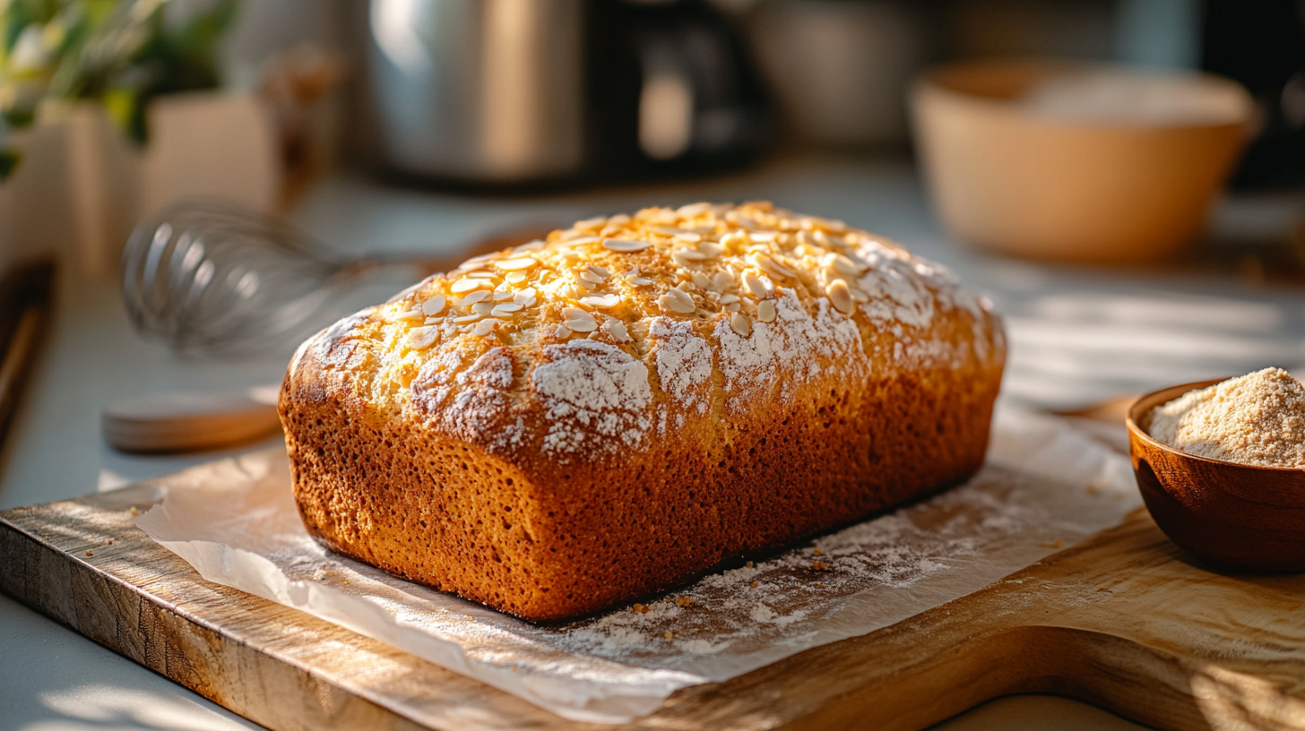 A finished loaf of paleo bread on a wooden cutting board with almond flour and a whisk in the background – paleo bread recipe.