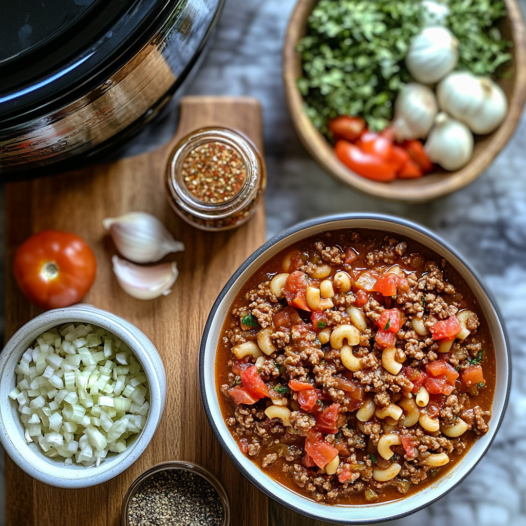 Preparation of crock pot goulash ingredients, including ground beef, macaroni, diced tomatoes, garlic, onions, and seasonings on a kitchen counter.