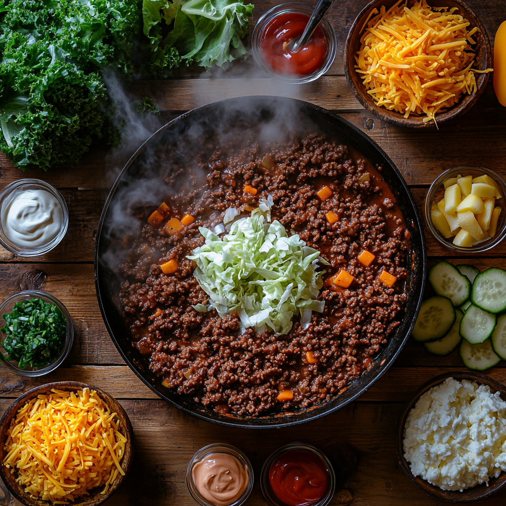 Ingredients and preparation process of Big Mac sloppy joes, featuring ground beef, diced onions, pickles, lettuce, cheese, and condiments on a kitchen table. Ingredients and preparation process of Big Mac sloppy joes, featuring ground beef, diced onions, pickles, lettuce, cheese, and condiments on a kitchen table. 