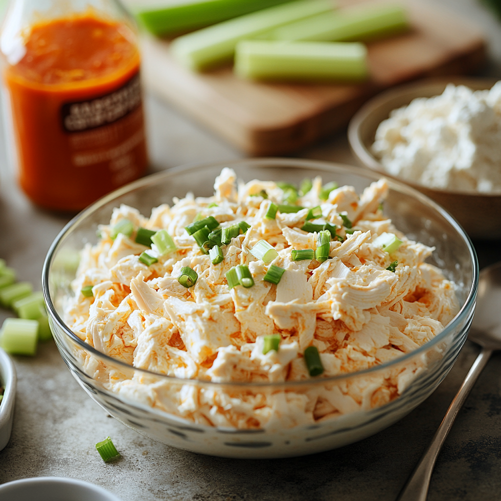 Ingredients for healthy buffalo chicken dip including shredded chicken, buffalo sauce, Greek yogurt, low-fat cream cheese, and celery being prepared.