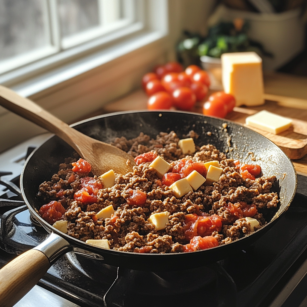 Preparation steps of a Rotel dip recipe with browned ground beef in a skillet, Velveeta cheese cubes, and an open can of Rotel tomatoes.