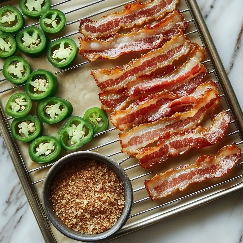 Preparation setup for jalapeno bacon with raw thick-cut bacon strips, sliced fresh jalapenos, and a bowl of brown sugar on a wire rack in a home kitchen.