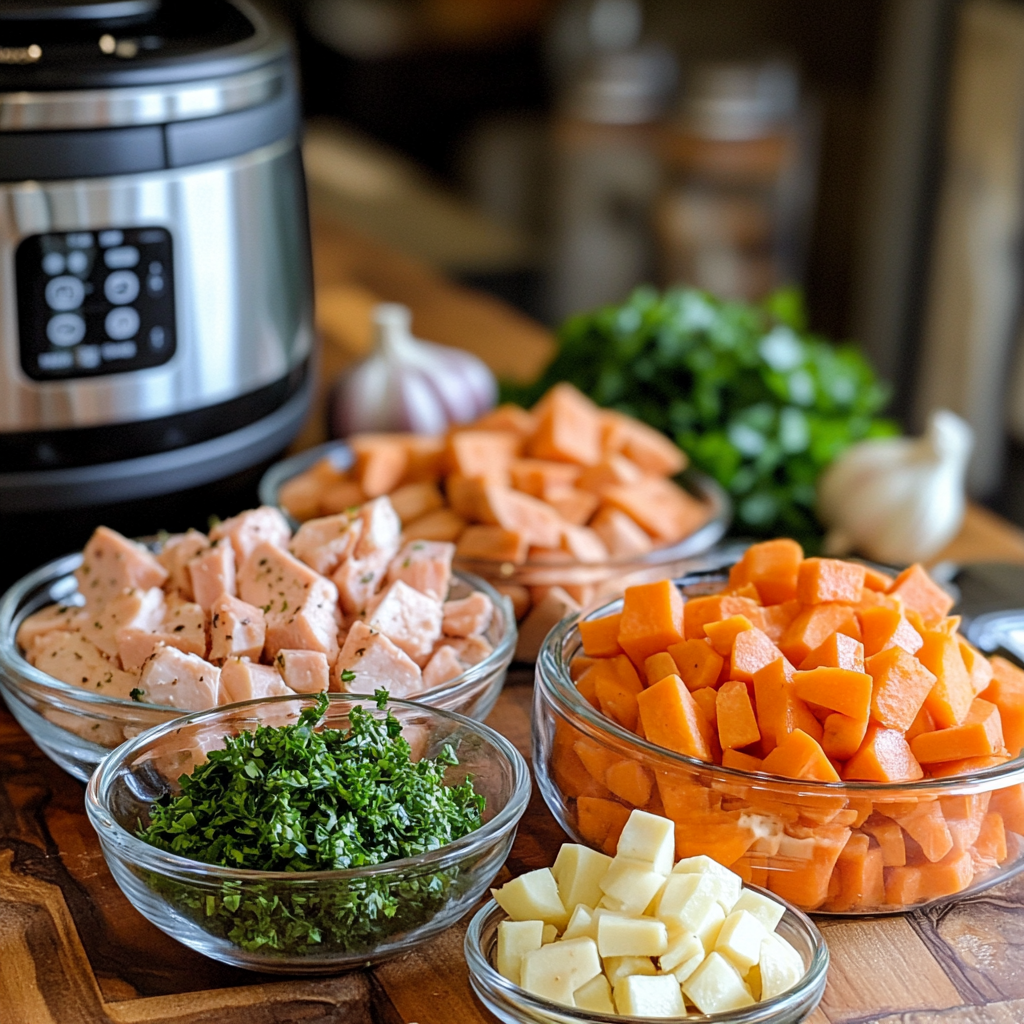 Paleo crock pot recipe ingredients prepped with sweet potatoes, carrots, seasoned chicken thighs, and fresh herbs on a rustic kitchen counter.