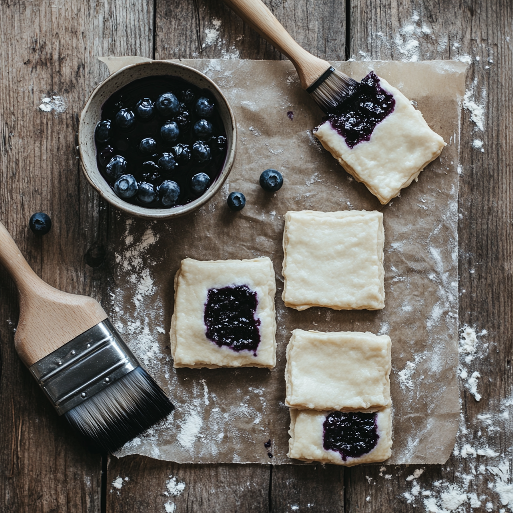 Step-by-step preparation of homemade blueberry pop tarts showing raw dough, blueberry filling, and baking tools on a wooden surface