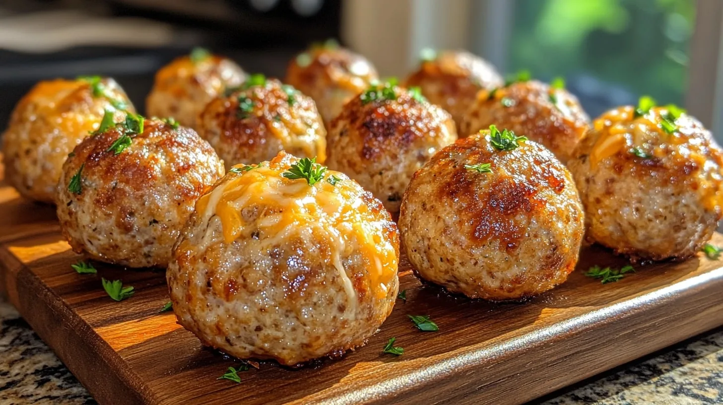 Golden brown rotel cream cheese sausage balls served on a wooden platter, garnished with parsley, perfect for a crowd-pleasing snack.