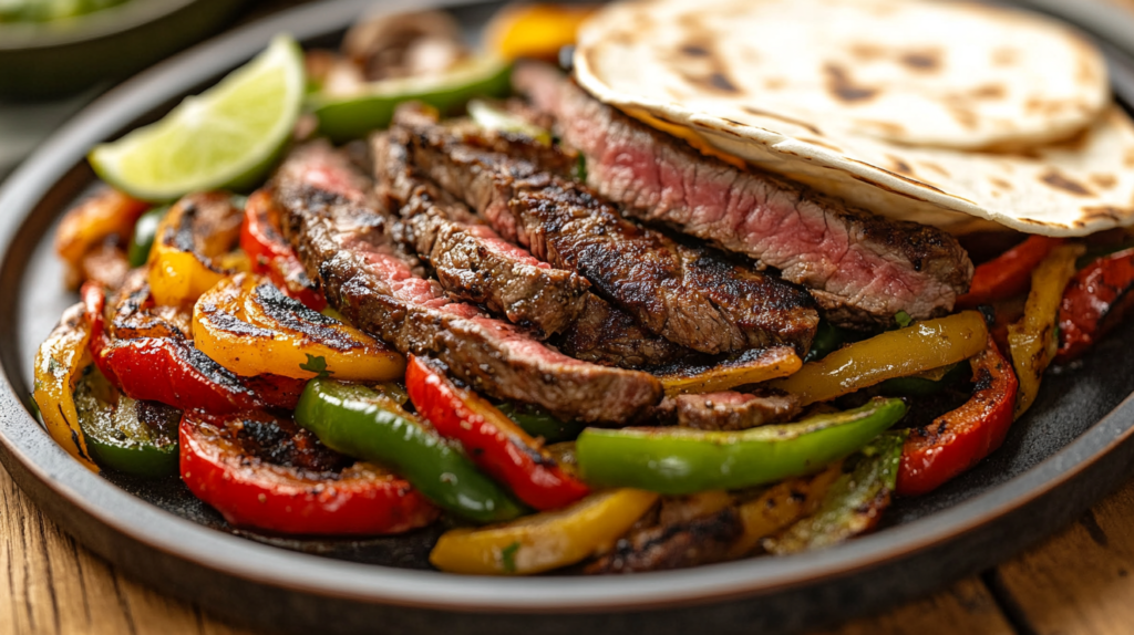 Final dish of sheet pan steak fajitas with juicy steak, roasted bell peppers, onions, and tortillas on a wooden table.