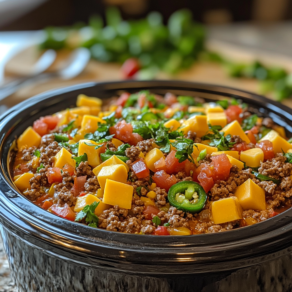 Preparation of Rotel Dip Crock Pot showing cubed Velveeta cheese, ground beef, and Rotel tomatoes in a slow cooker, ready to cook.